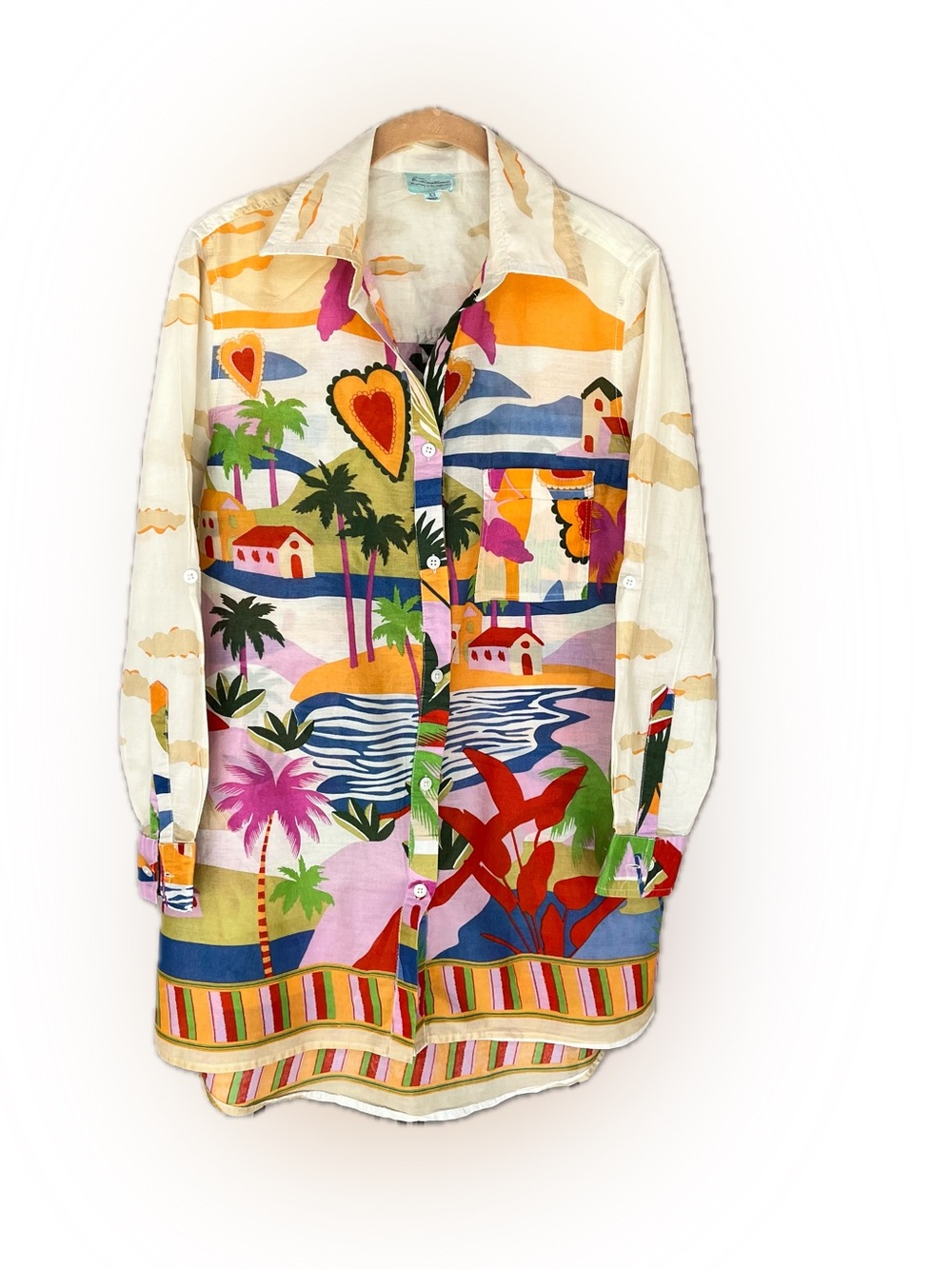 True Destinations Shirt CoverUp Resort Long Sleeve Tropical Abstract Cotton XS